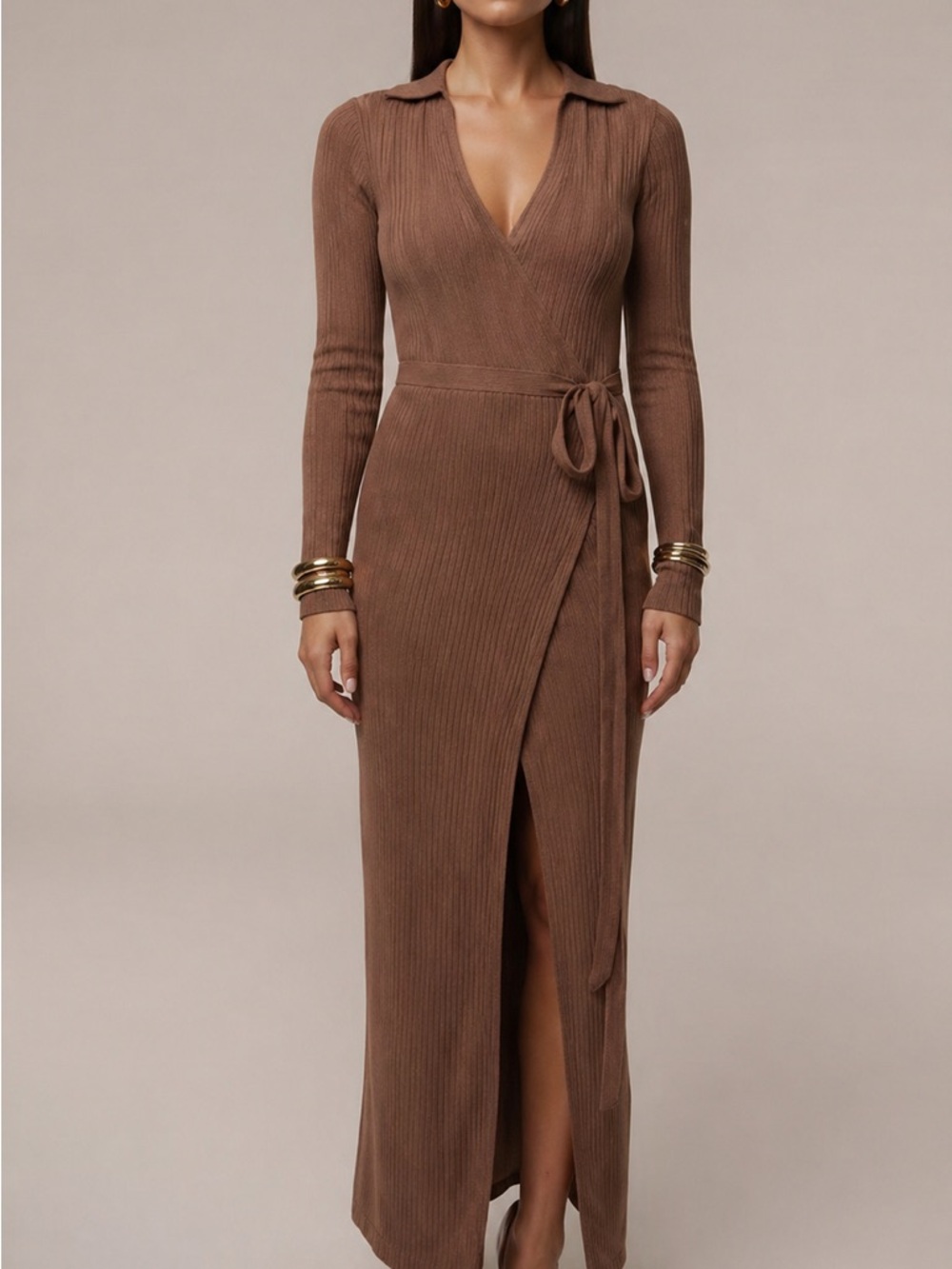 JLUXLABEL Brown Ribbed Wrap Maxi Dress with Collar